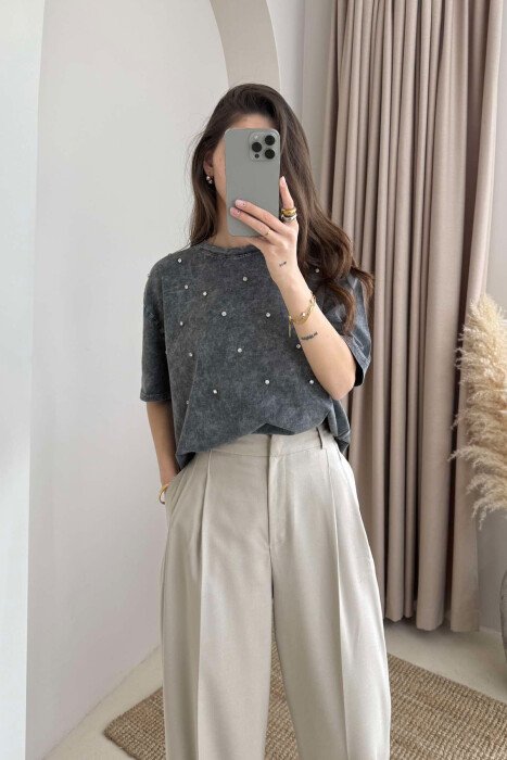 DIAMOND DETAILS ONE COLOR WOMEN T-SHIRT GREY/GRI - 3