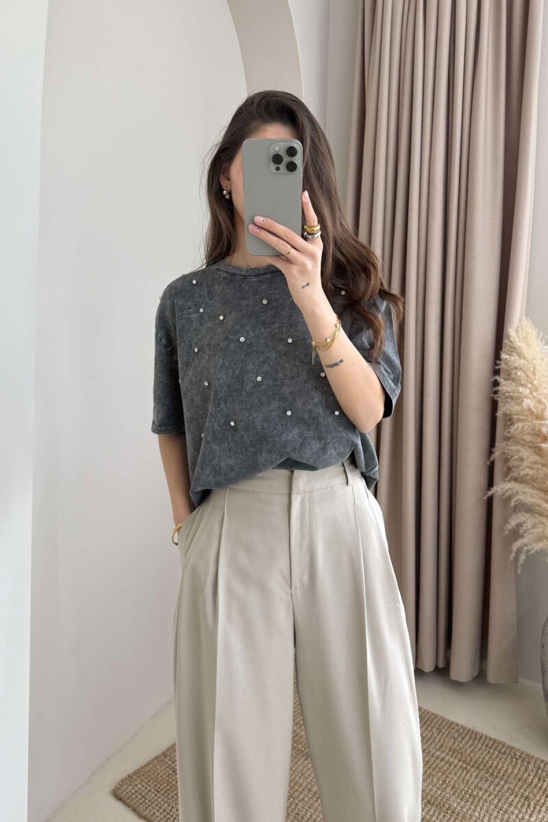 DIAMOND DETAILS ONE COLOR WOMEN T-SHIRT GREY/GRI - 3
