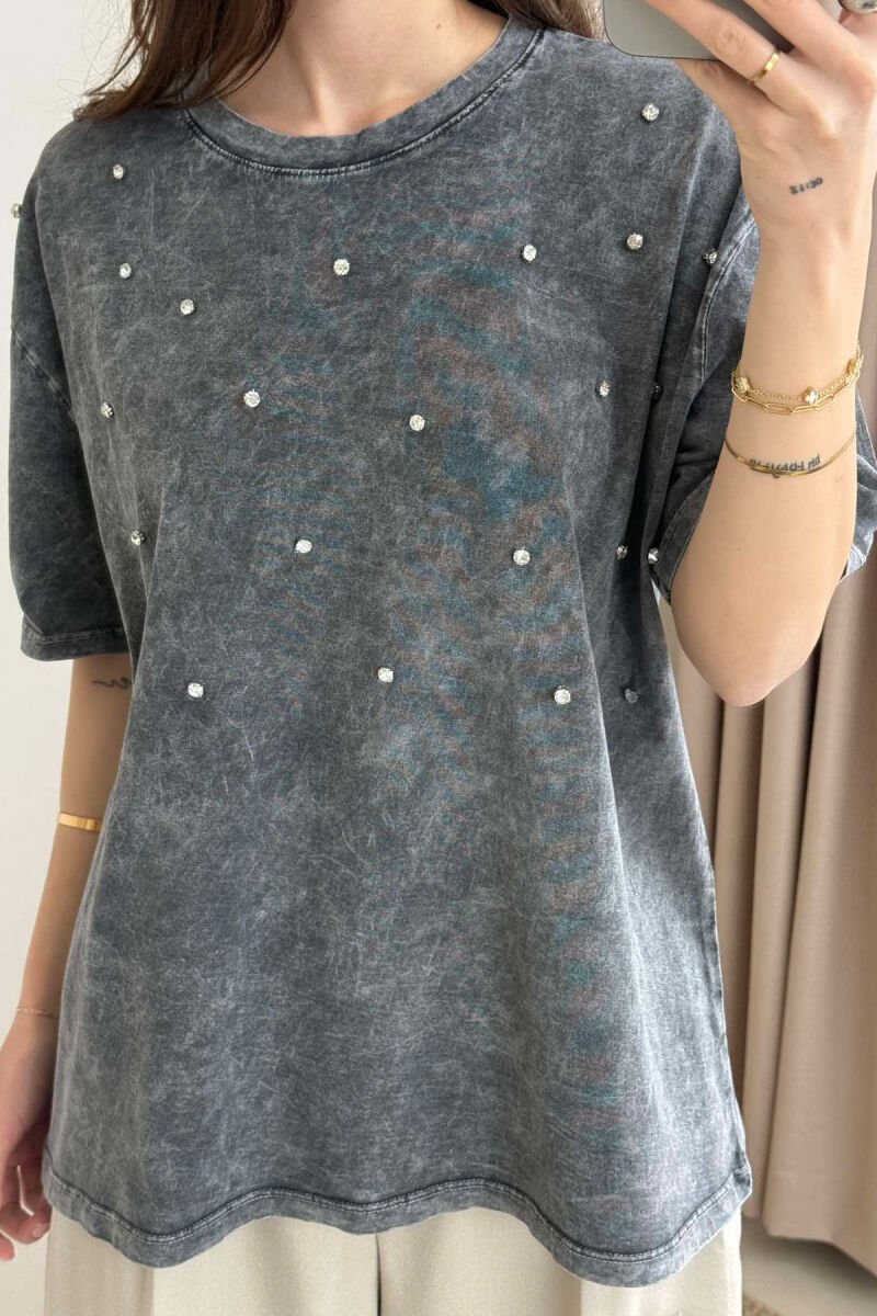 DIAMOND DETAILS ONE COLOR WOMEN T-SHIRT GREY/GRI - 4