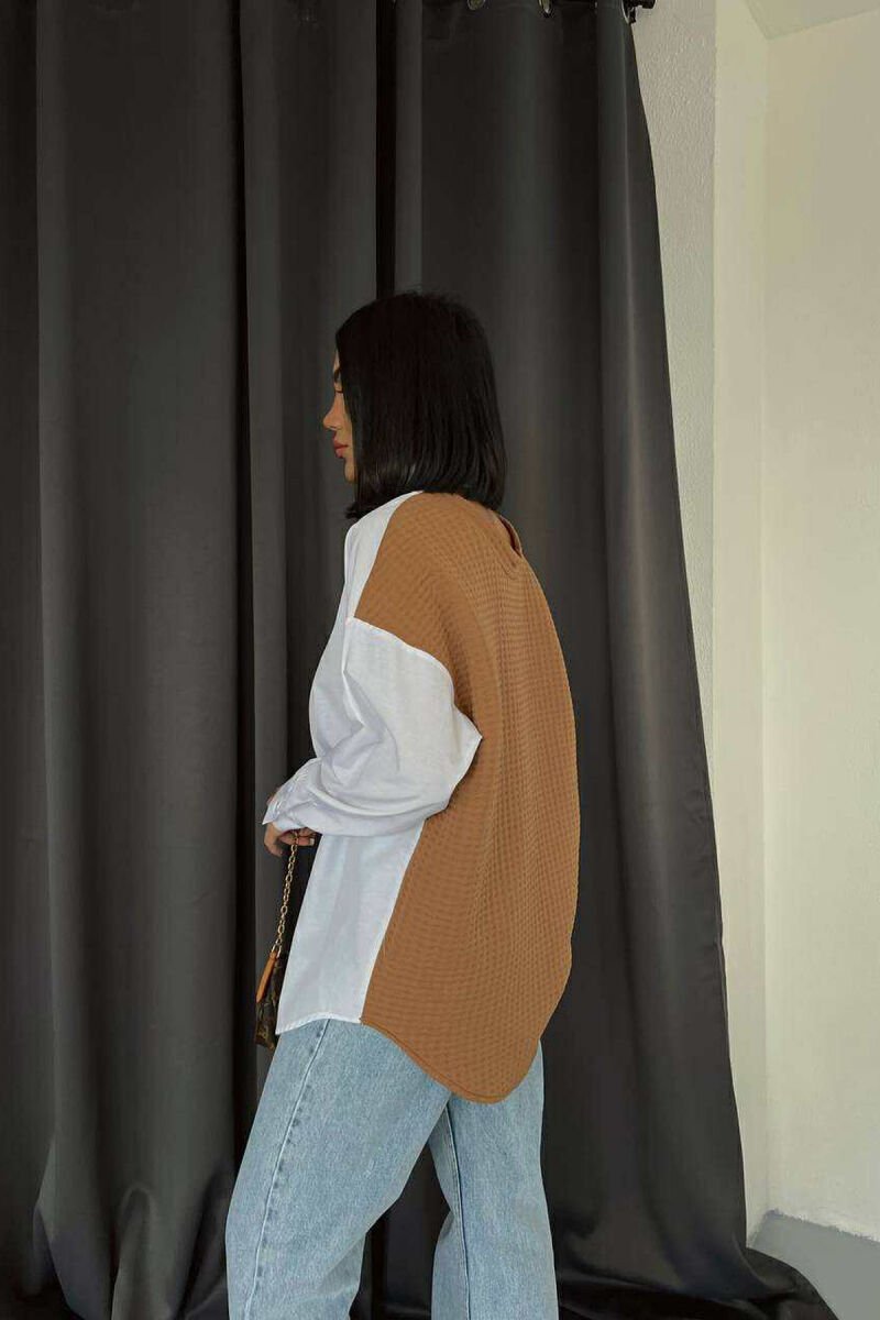 DIFFERENT BACK DESIGN TWO-COLORED WOMEN SHIRT WHITE-BROWN/BAKA - 6