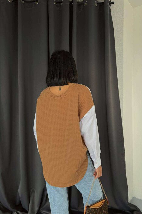 DIFFERENT BACK DESIGN TWO-COLORED WOMEN SHIRT WHITE-BROWN/BAKA - 7