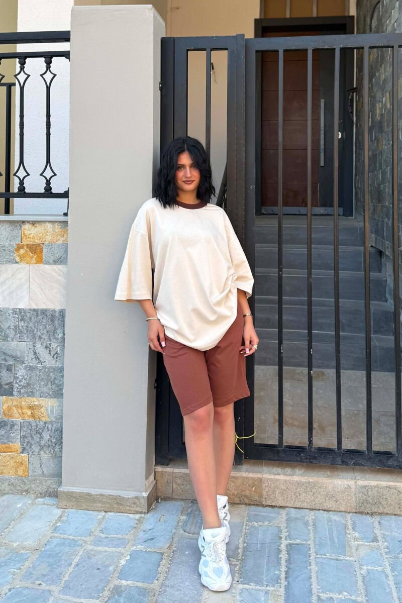 DIFFERENT COLORS T-SHIRT + SHORT SWEATPANTS WOMAN SET BEIGE/BEZHE - 1