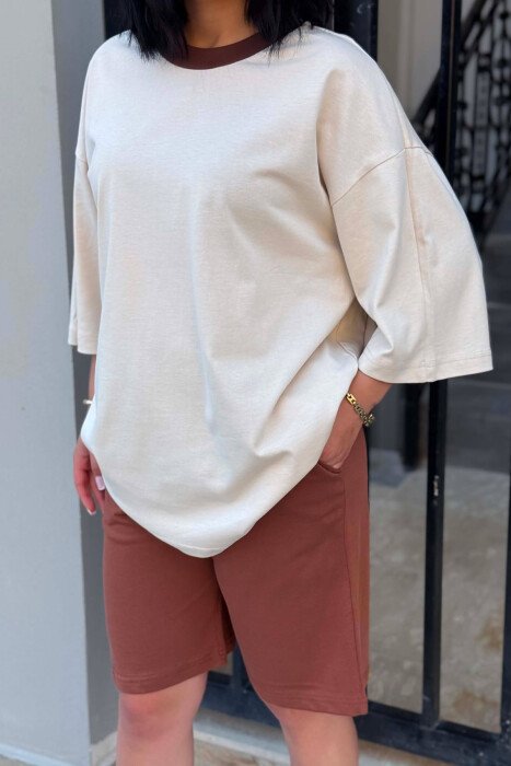 DIFFERENT COLORS T-SHIRT + SHORT SWEATPANTS WOMAN SET BEIGE/BEZHE - 2