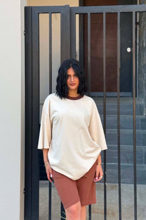 DIFFERENT COLORS T-SHIRT + SHORT SWEATPANTS WOMAN SET BEIGE/BEZHE - 3