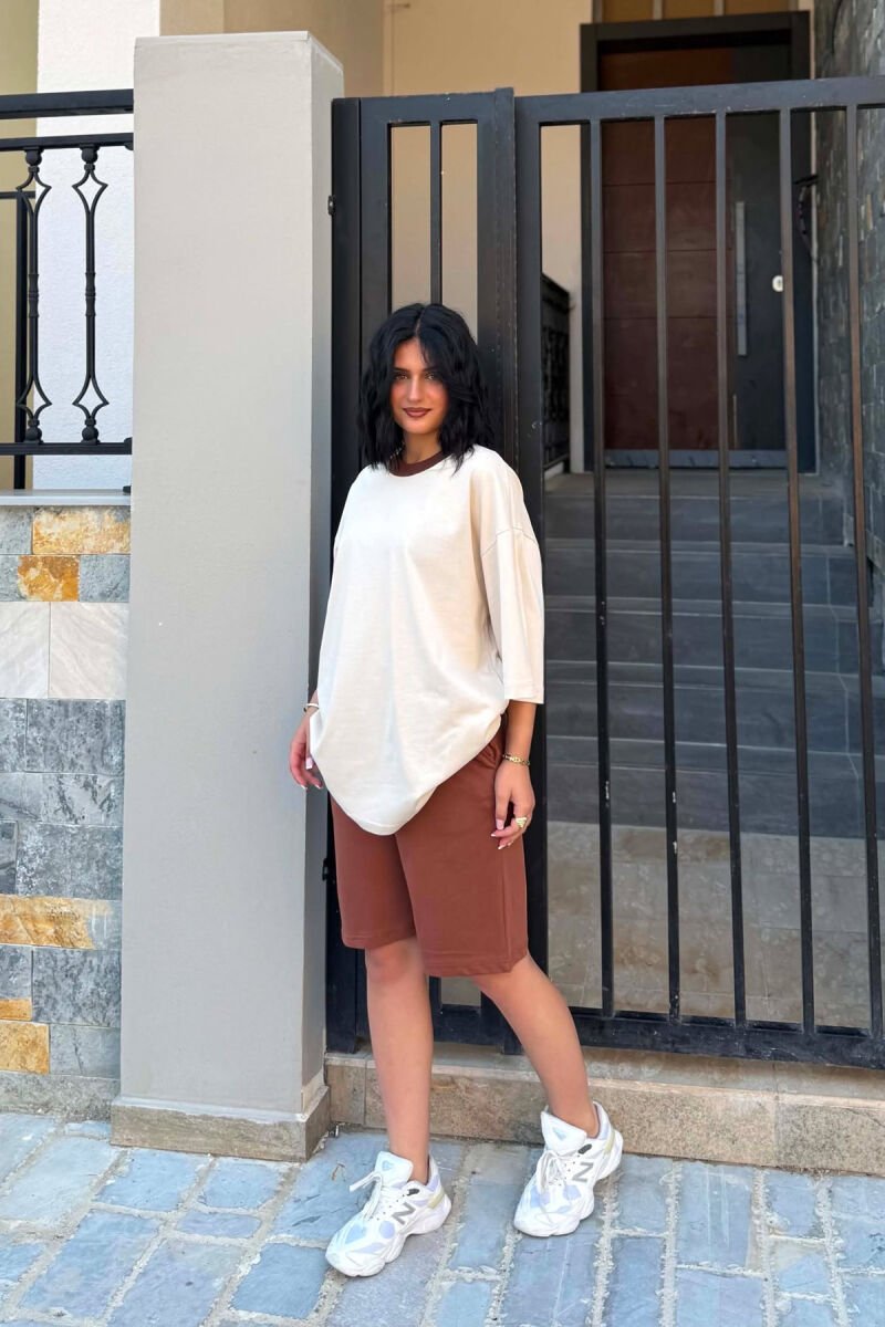 DIFFERENT COLORS T-SHIRT + SHORT SWEATPANTS WOMAN SET BEIGE/BEZHE - 4