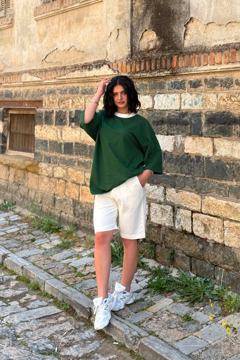 DIFFERENT COLORS T-SHIRT + SHORT SWEATPANTS WOMAN SET DARK GREEN/JEE - 2