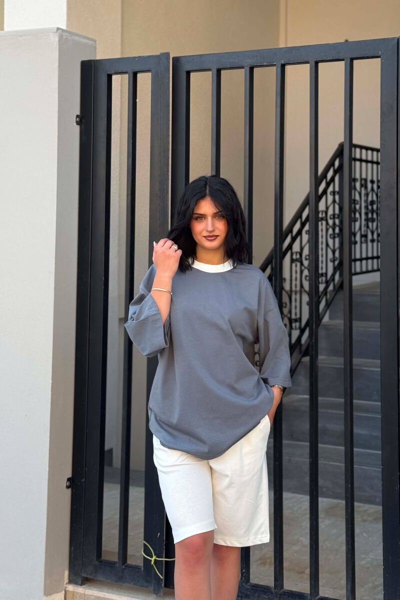 DIFFERENT COLORS T-SHIRT + SHORT SWEATPANTS WOMAN SET GREY/GRI - 5