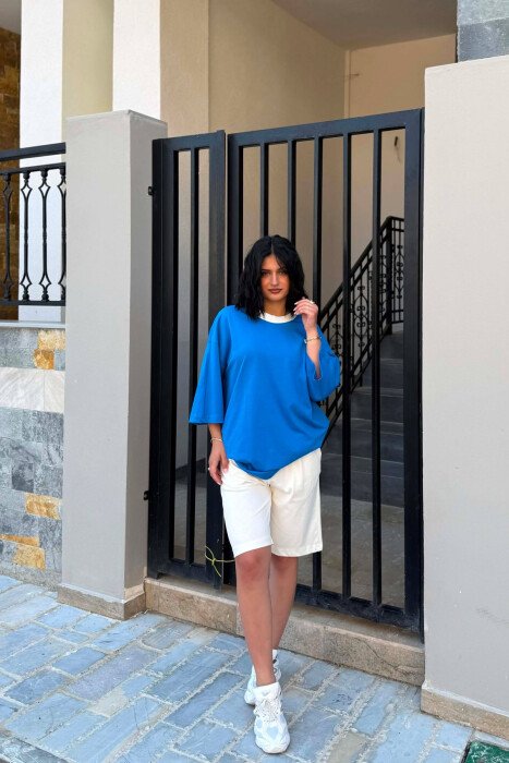 DIFFERENT COLORS T-SHIRT + SHORT SWEATPANTS WOMAN SET LIGHTBLUE/BZ - KLAUDIO FASHION