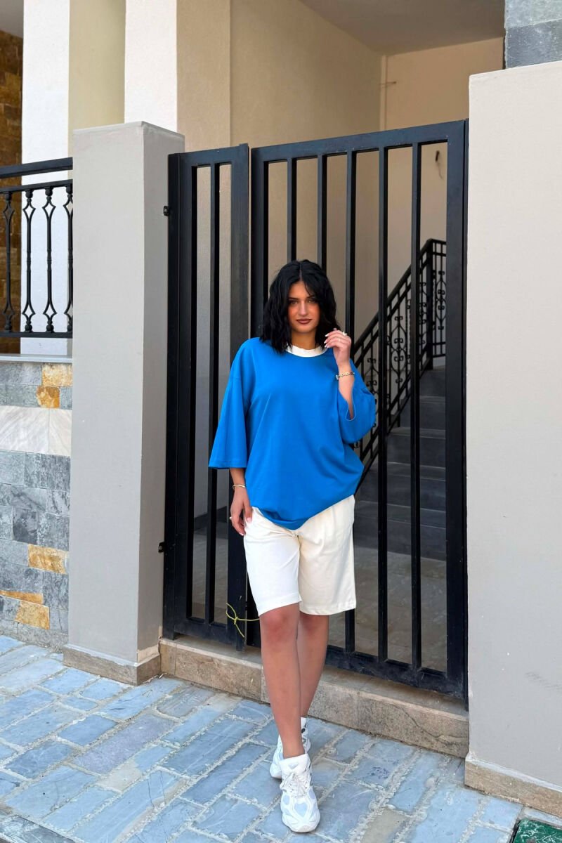 DIFFERENT COLORS T-SHIRT + SHORT SWEATPANTS WOMAN SET LIGHTBLUE/BZ - 1