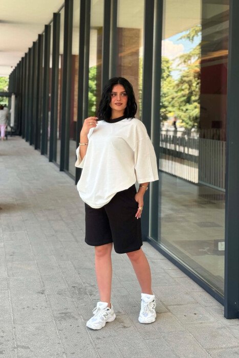 DIFFERENT COLORS T-SHIRT + SHORT SWEATPANTS WOMAN SET WHITE-E BARDHE - 3