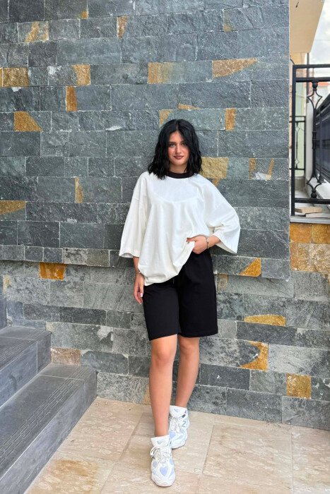 DIFFERENT COLORS T-SHIRT + SHORT SWEATPANTS WOMAN SET WHITE-E BARDHE - 2