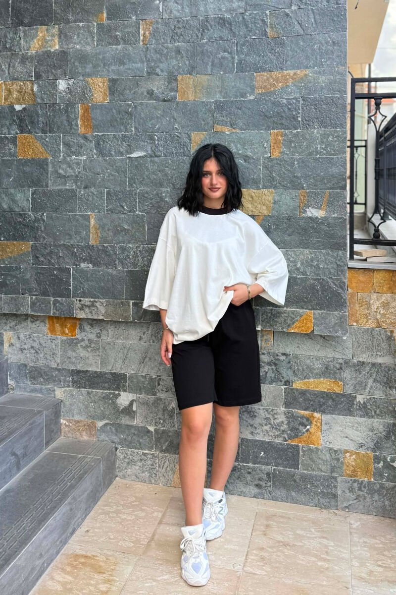 DIFFERENT COLORS T-SHIRT + SHORT SWEATPANTS WOMAN SET WHITE-E BARDHE - 2