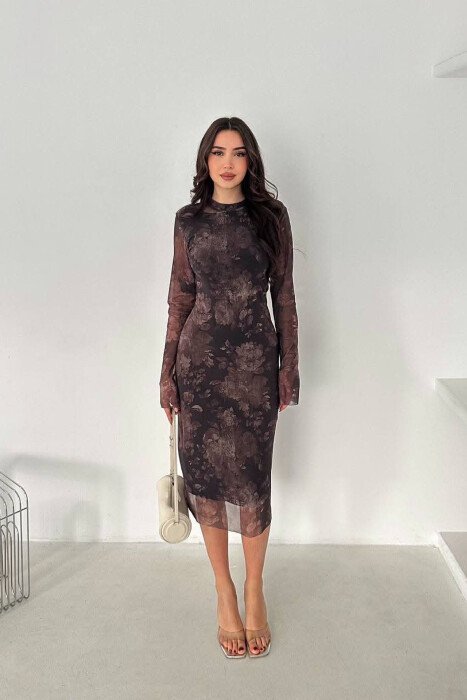 DIFFERENT DESIGN LONG SLEEVE WOMAN DRESS DARK BROWN/KAE - KLAUDIO FASHION