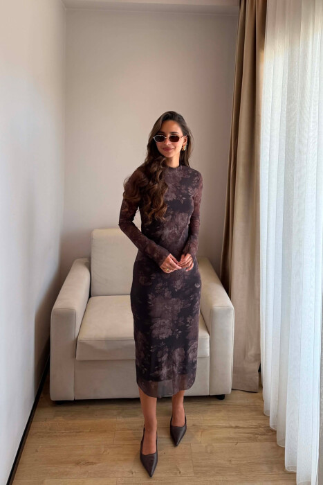 DIFFERENT DESIGN LONG SLEEVE WOMAN DRESS DARK BROWN/KAE - KLAUDIO FASHION