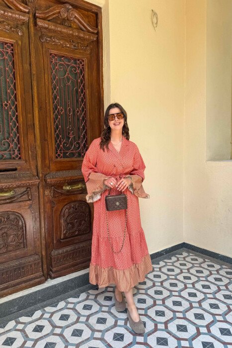 DIFFERENT DESIGN LONG SLEEVE WOMAN DRESS ORANGE/PORTOKALLI - 1