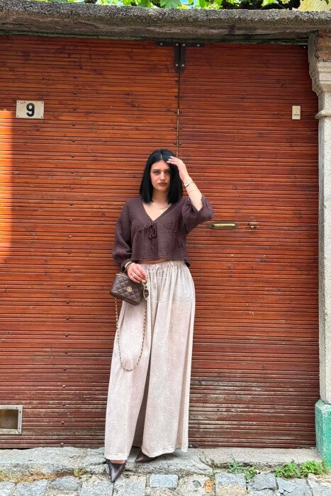 DIFFERENT DESIGN WIDE LEG WOMAN TROUSERS BEIGE/BEZHE 