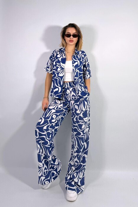 DIFFERENT PATTERN SHIRT+TROUSERS WOMEN SET BLUE/BLU - KLAUDIO FASHION