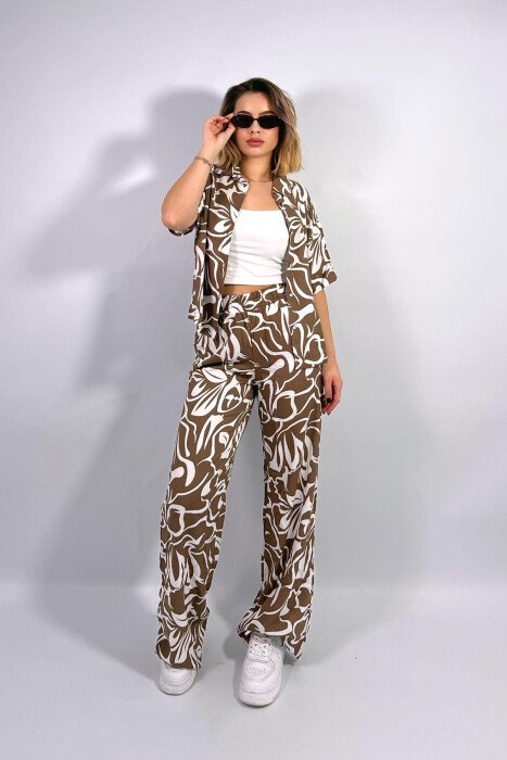 DIFFERENT PATTERN SHIRT+TROUSERS WOMEN SET LIGHT BROWN/KAZB - KLAUDIO FASHION