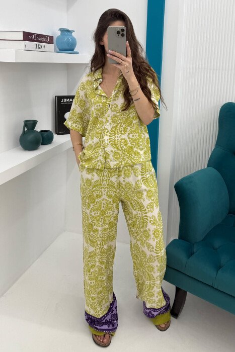 DIFFERENT PATTERN SHIRT+TROUSERS WOMEN SET LIGHT GREEN/JEZB - KLAUDIO FASHION
