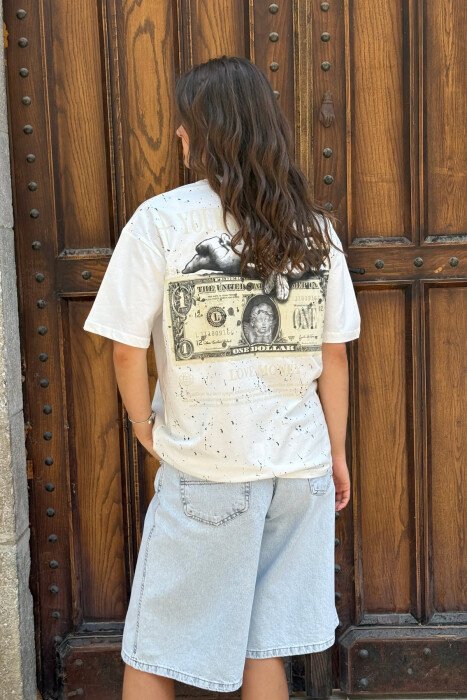 DOLLAR IMAGE WRITTING WOMEN T-SHIRT WHITE-E BARDHE - 4