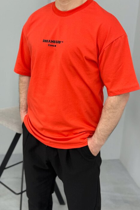 T-SHIRT NJË NGJYRËSH ME SHKRIME PËR MESHKUJ NË NGJYRËN PORTOKALLI E ERRËT 
