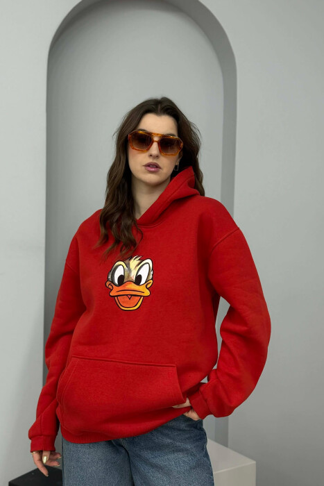 HOODIE ME PUSH DHE ME IMAZH ROSAKU NE PJESEN PARA PER FEMRA NE NGJYRE TE KUQE - KLAUDIO FASHION