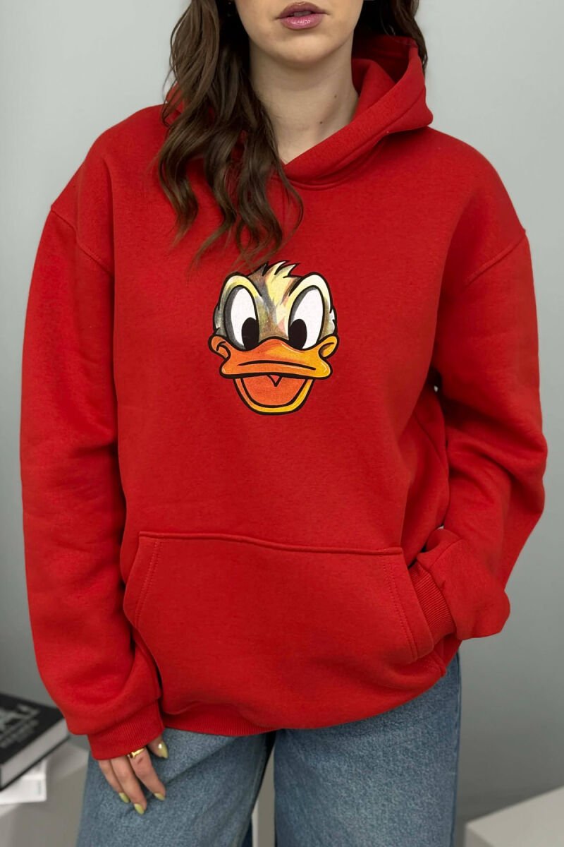 DUCK FRONT IMAGE FLUFFY WOMEN HOODIE RED/E KUQE - 3