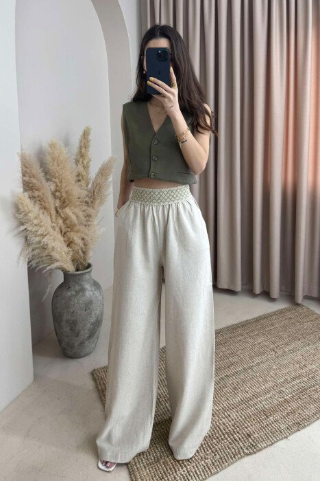 ELASTIC KNITTED WAIST WIDE LEG WOMEN TROUSERS BEIGE/BEZHE - 1
