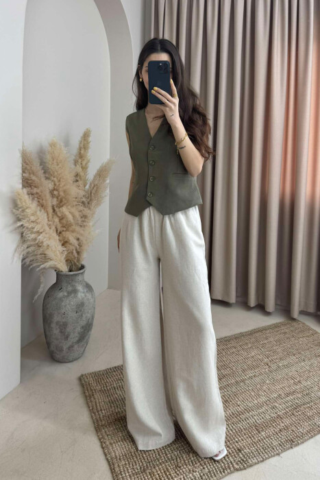 ELASTIC KNITTED WAIST WIDE LEG WOMEN TROUSERS BEIGE/BEZHE - 2
