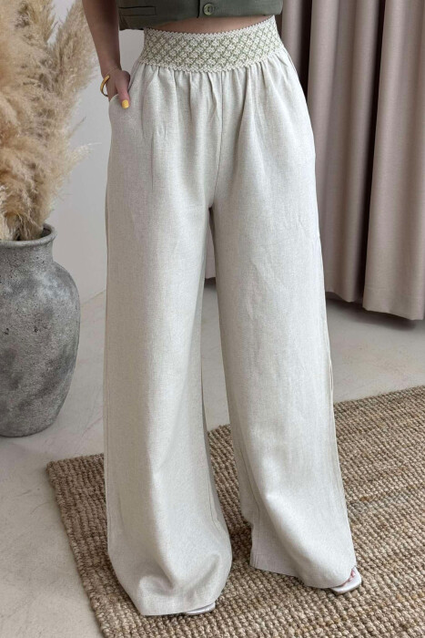 ELASTIC KNITTED WAIST WIDE LEG WOMEN TROUSERS BEIGE/BEZHE - 3