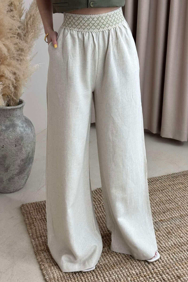 ELASTIC KNITTED WAIST WIDE LEG WOMEN TROUSERS BEIGE/BEZHE - 3