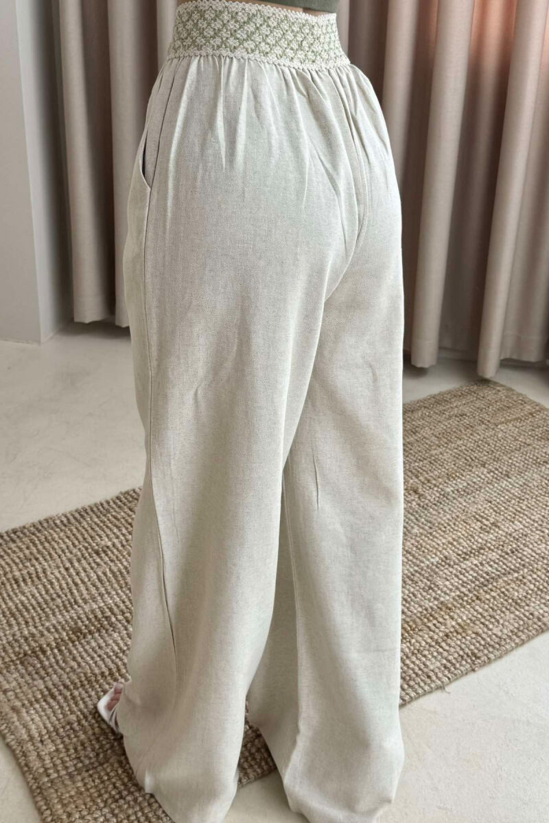 ELASTIC KNITTED WAIST WIDE LEG WOMEN TROUSERS BEIGE/BEZHE - 4