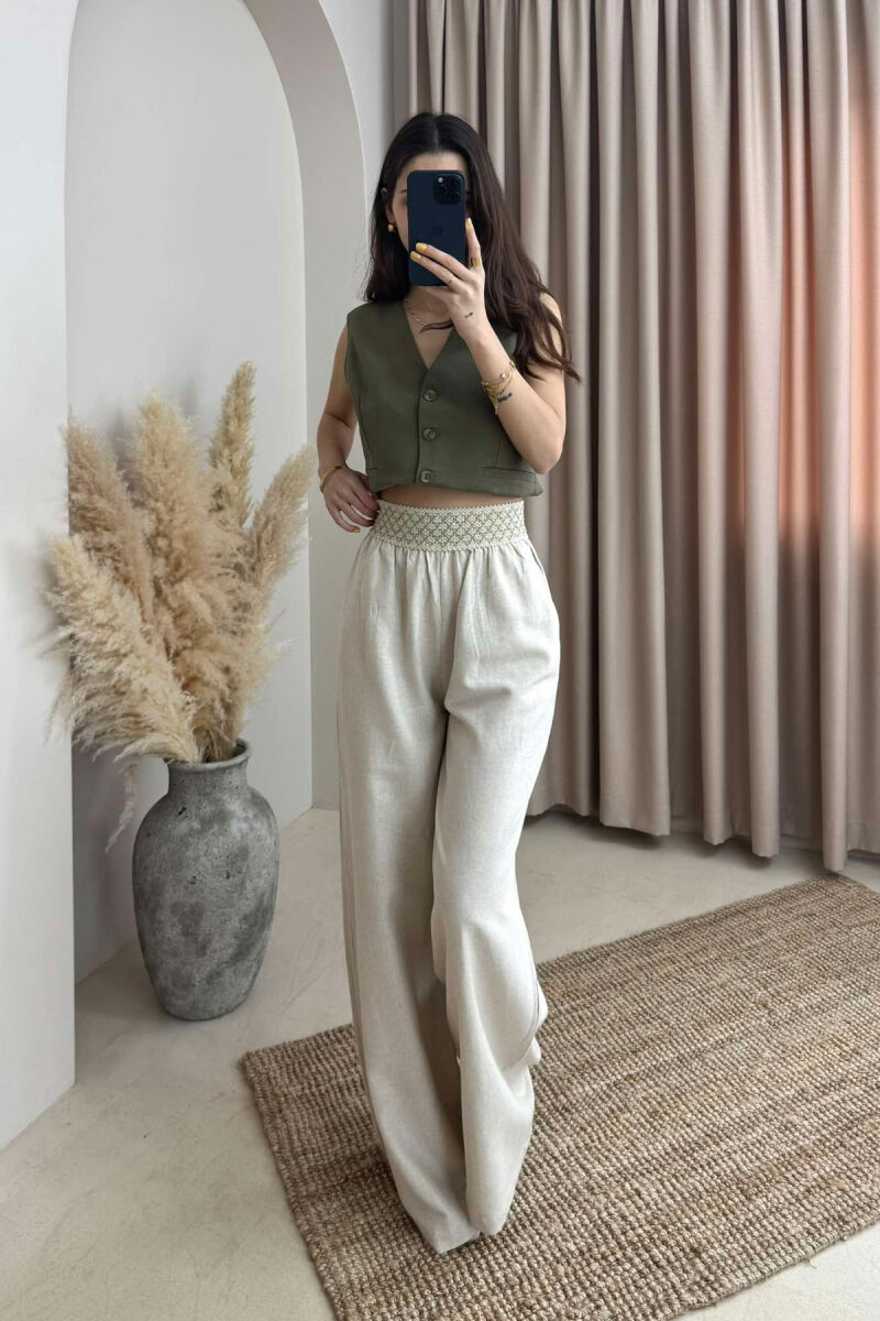 ELASTIC KNITTED WAIST WIDE LEG WOMEN TROUSERS BEIGE/BEZHE - 5