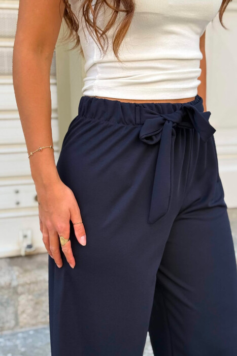 ELASTIC LACING WAIST ONE COLOR WOMEN TROUSERS BLUE/BLU - 3