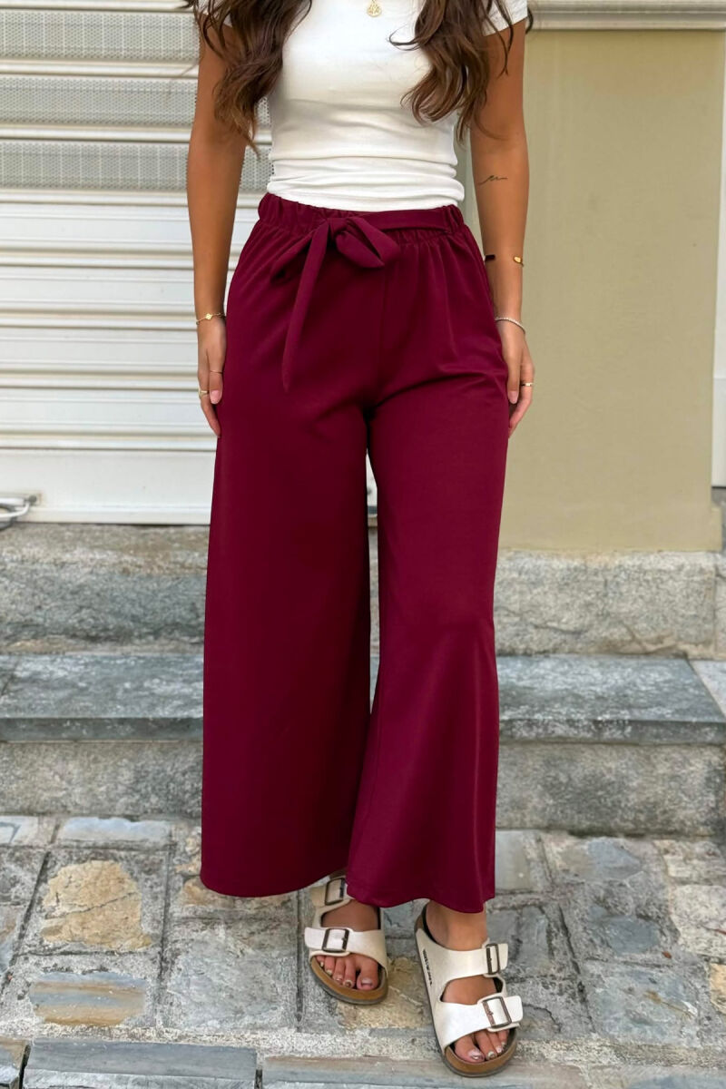 ELASTIC LACING WAIST ONE COLOR WOMEN TROUSERS BURGUNDY/VISHNJE - 2