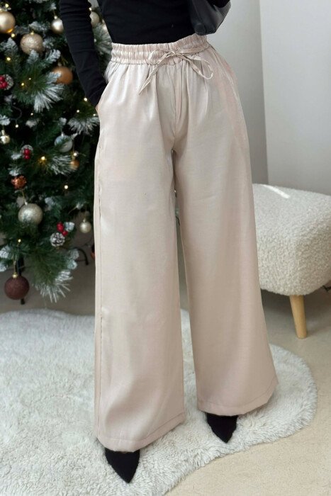 ELASTIC LACING WAIST SHINNY WOMEN TROUSERS BEIGE/BEZHE 