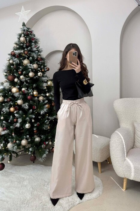 ELASTIC LACING WAIST SHINNY WOMEN TROUSERS BEIGE/BEZHE - 3