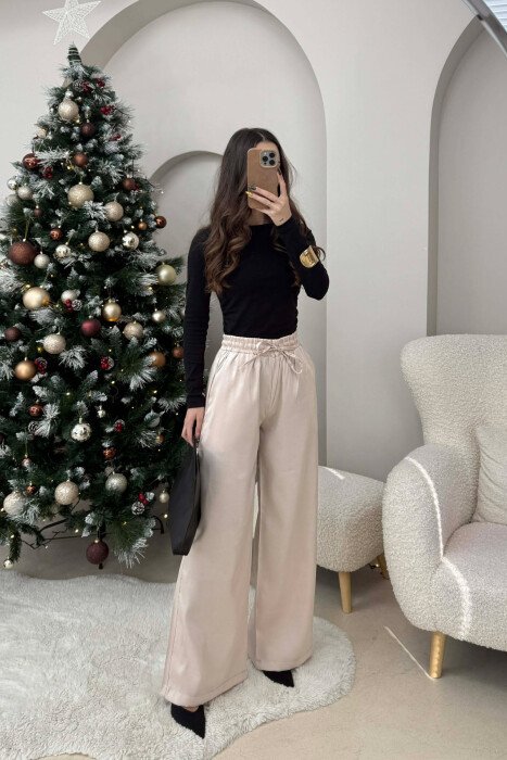 ELASTIC LACING WAIST SHINNY WOMEN TROUSERS BEIGE/BEZHE - 2