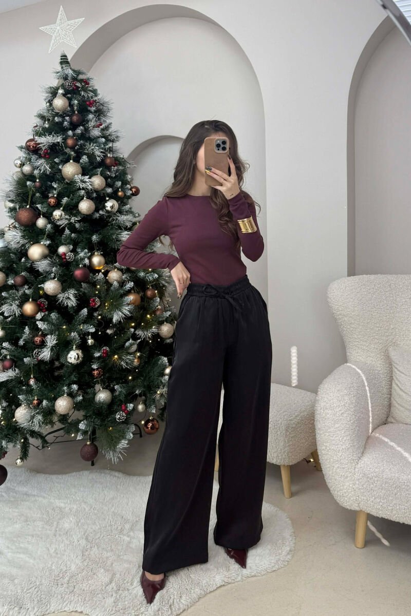 ELASTIC LACING WAIST SHINNY WOMEN TROUSERS BLACK/ E ZEZE - 2