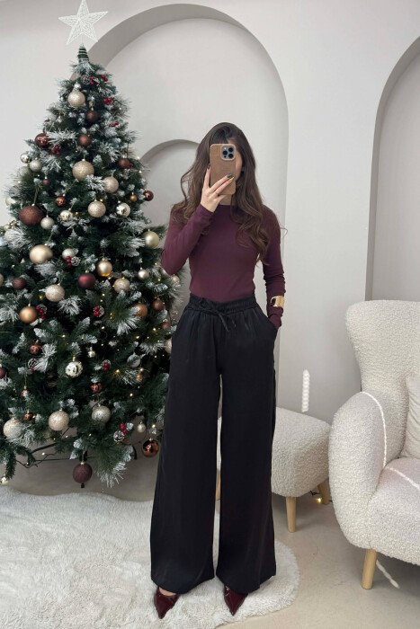 ELASTIC LACING WAIST SHINNY WOMEN TROUSERS BLACK/ E ZEZE - 3
