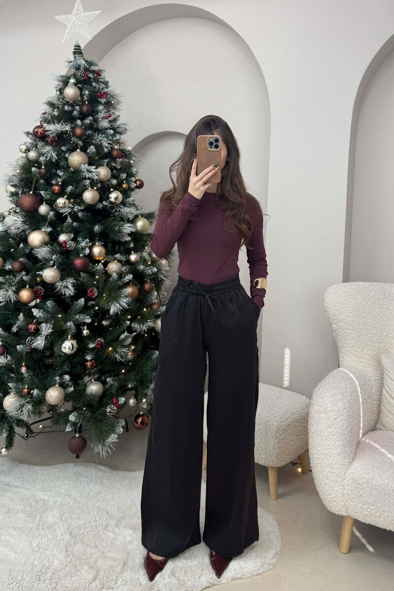 ELASTIC LACING WAIST SHINNY WOMEN TROUSERS BLACK/ E ZEZE - 3
