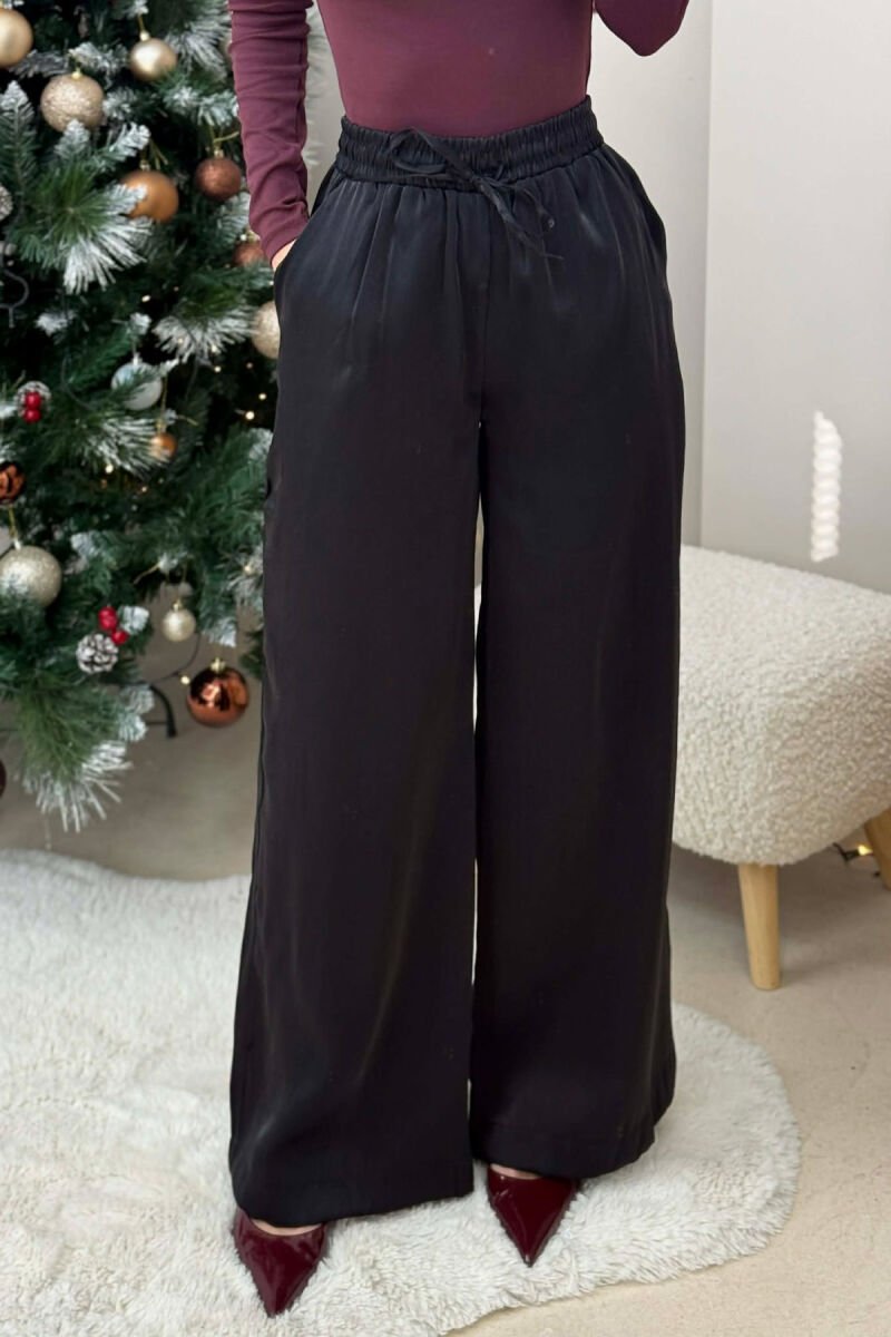 ELASTIC LACING WAIST SHINNY WOMEN TROUSERS BLACK/ E ZEZE - 1