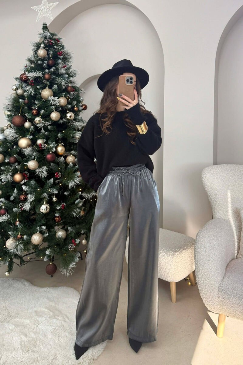 ELASTIC LACING WAIST SHINNY WOMEN TROUSERS DARK GREY/GEE - 2