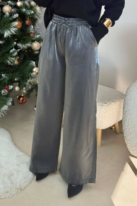 ELASTIC LACING WAIST SHINNY WOMEN TROUSERS DARK GREY/GEE - 1
