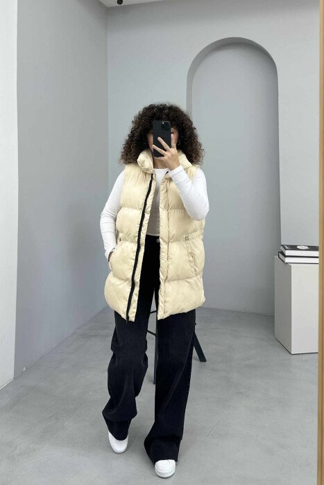 ELASTIC LACING WAIST WOMEN VEST CREAM/KREM - 2