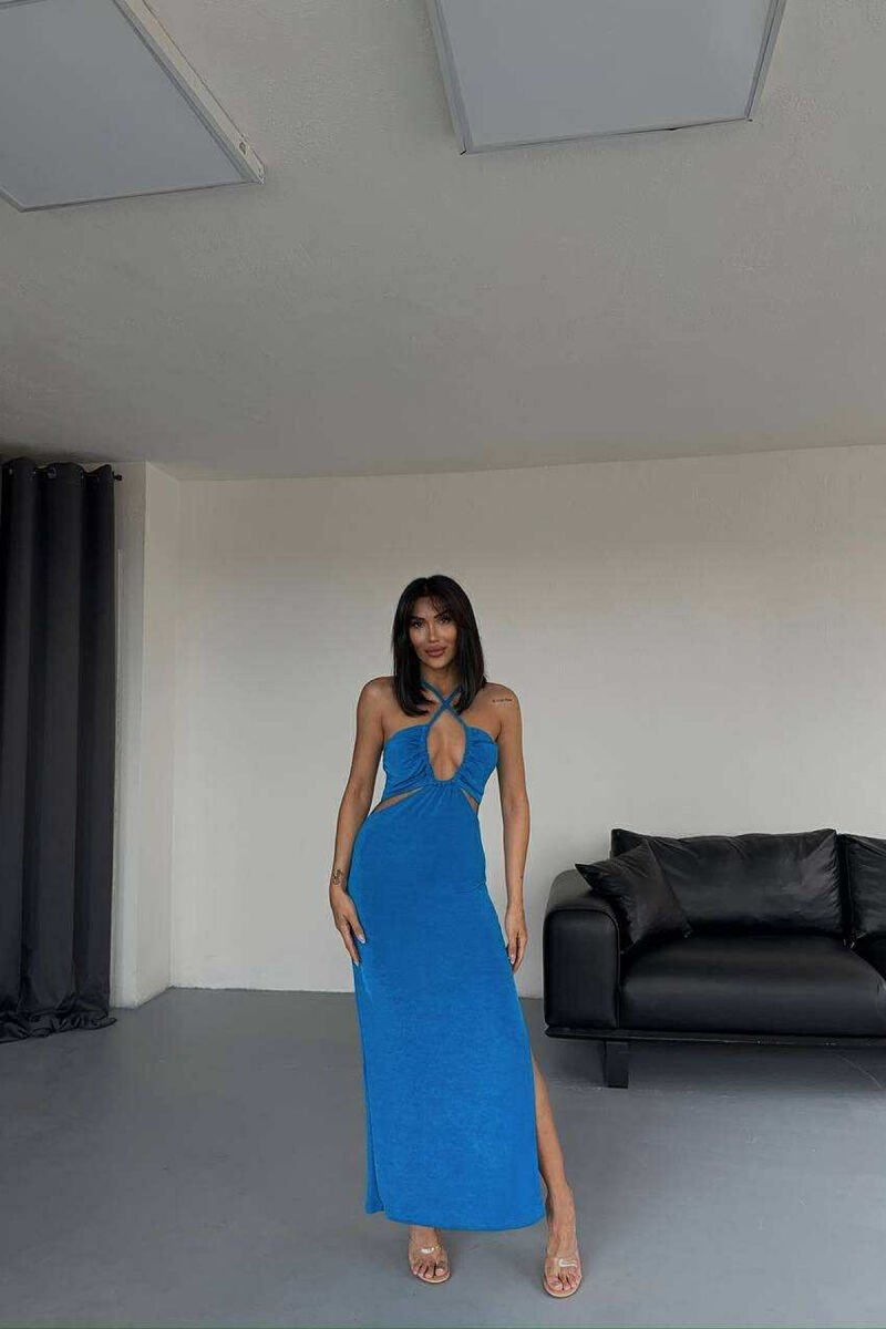 ELASTIC ONE COLOR LONG WOMEN DRESS LIGHTBLUE/BZ - 1