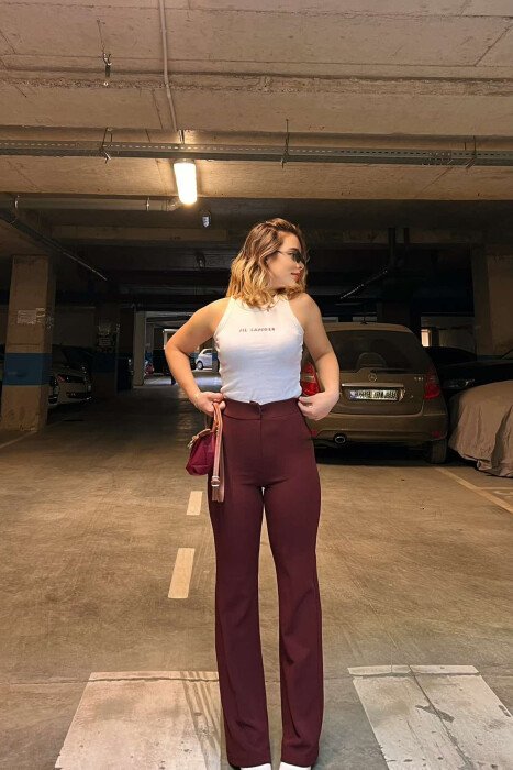 ELASTIC ONE COLOR WOMEN TROUSERS BURGUNDY/VISHNJE - 5