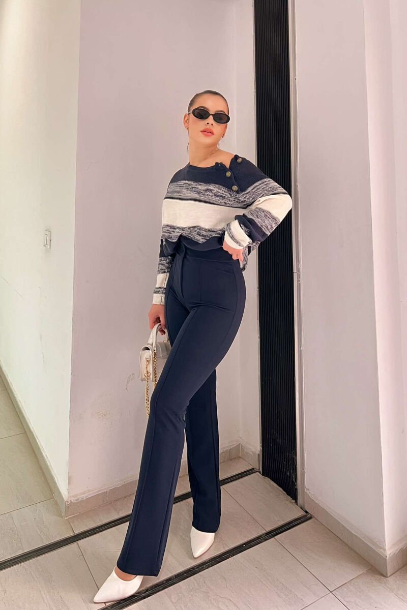 ELASTIC ONE COLOR WOMEN TROUSERS DARK BLUE/BEE - 4