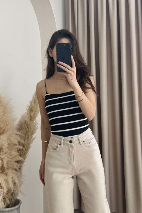 ELASTIC STRAPS STRIPE WOMEN TANK TOP BLACK-WHITE/ZEBA - 2