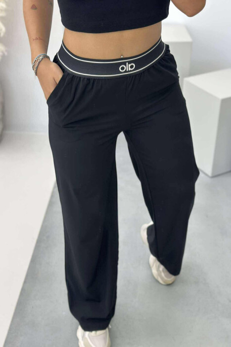 ELASTIC WAIST ALO WRITTING WOMEN TROUSERS BLACK/ E ZEZE - KLAUDIO FASHION